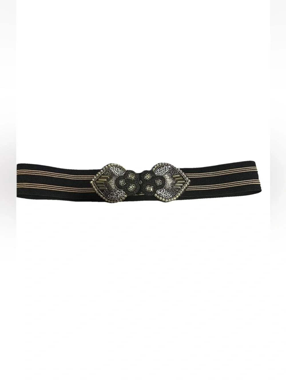 LOFT Wide Elastic Waist Belt Black Beige Striped Sequin Bling Buckle M/L